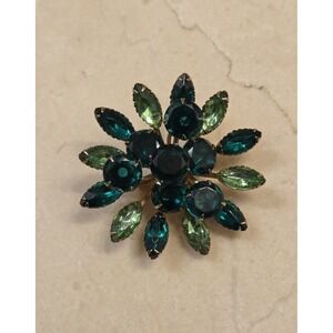 Vintage‎ 1960s Brooch Marquis Emerald Rhinestone Cluster Floral Brooch